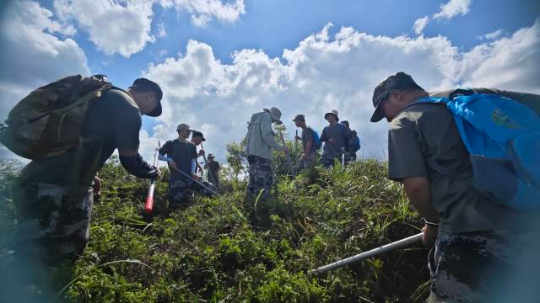 今年6月，云浮林场青年扑火队员携带装备深入指定林区，开展高强度野外拉练。受访者供图